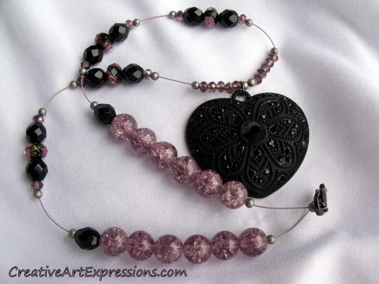 Creative Art Expressions Handmade Black & Pink Heart Necklace Jewelry Design